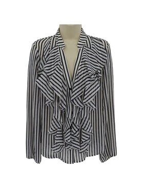 Y2K Cache Women 6 Sheer Ruffle Blue White Stripe Button Blouse Shirt Top NEW